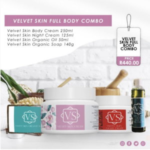 Velvet Skin Full Body Combo with body cream, night cream, organic oil, and organic soap